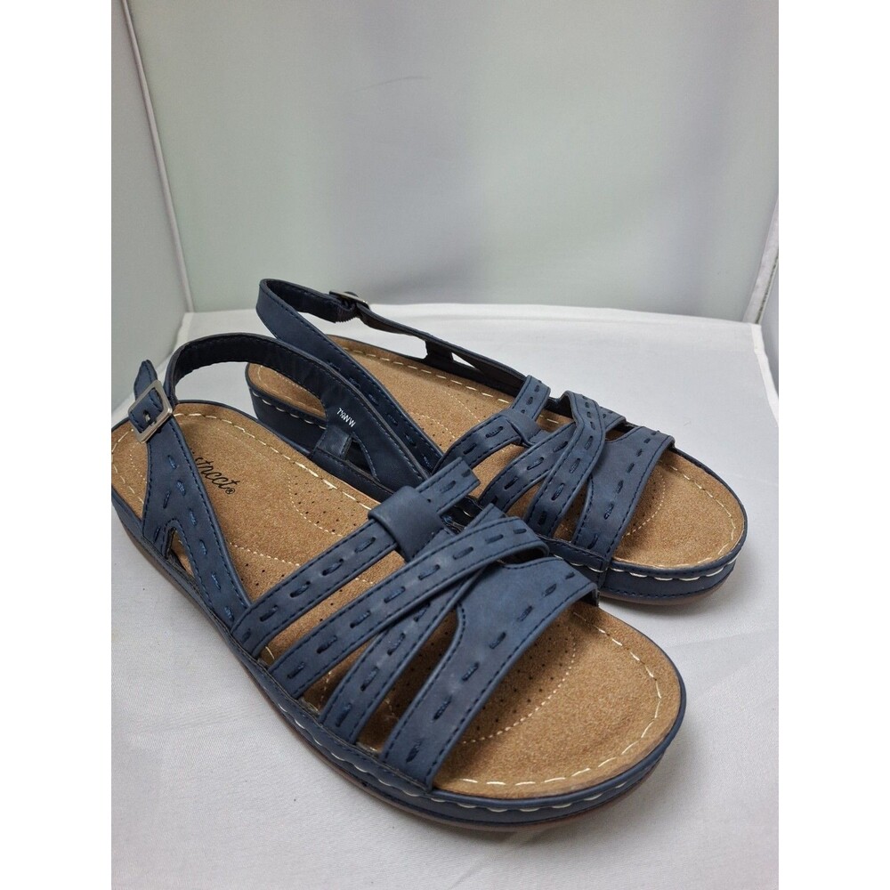 EASY STREET Navy Blue Sandals Women's Extra Wide slingback Wedge Size 7.5